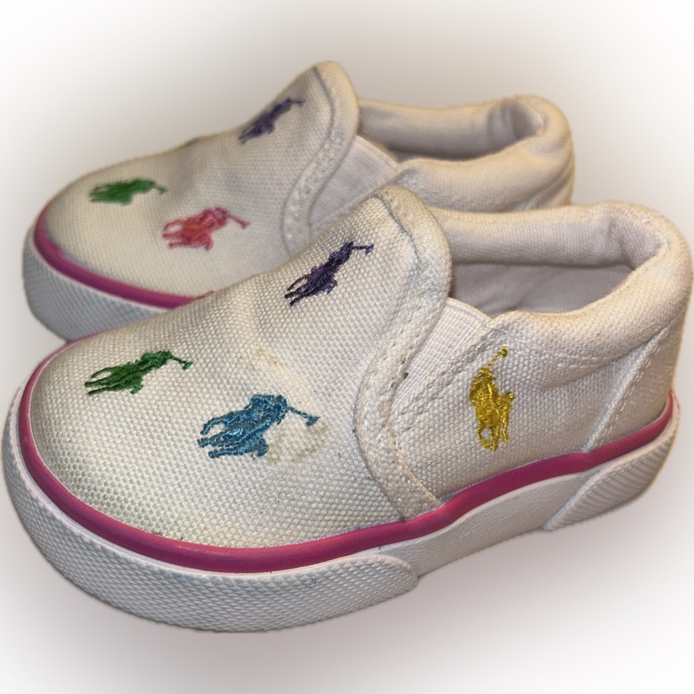 Polo Ralph Lauren Toddler White Canvas Slip-On Sneakers Colorful Pony Logos 3